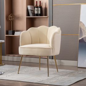 Shell Shape Velvet Fabric Armchair Accent Chair With Gold Legs For Living Room Bedroom; Creme White