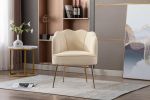 Shell Shape Velvet Fabric Armchair Accent Chair With Gold Legs For Living Room Bedroom; Creme White