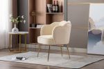 Shell Shape Velvet Fabric Armchair Accent Chair With Gold Legs For Living Room Bedroom; Creme White