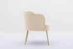 Shell Shape Velvet Fabric Armchair Accent Chair With Gold Legs For Living Room Bedroom; Creme White